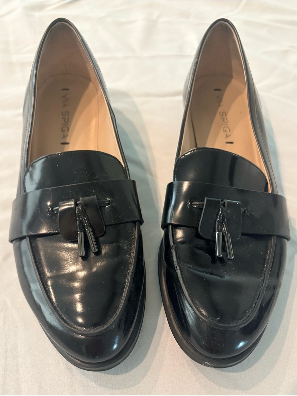 Via Spiga Black Patent Tassel Loafers